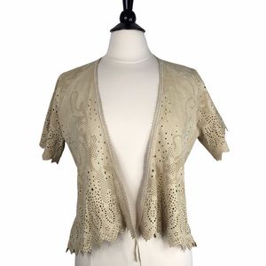 The Wrights Laser Cut Suede Open Front Jacket Light Tan